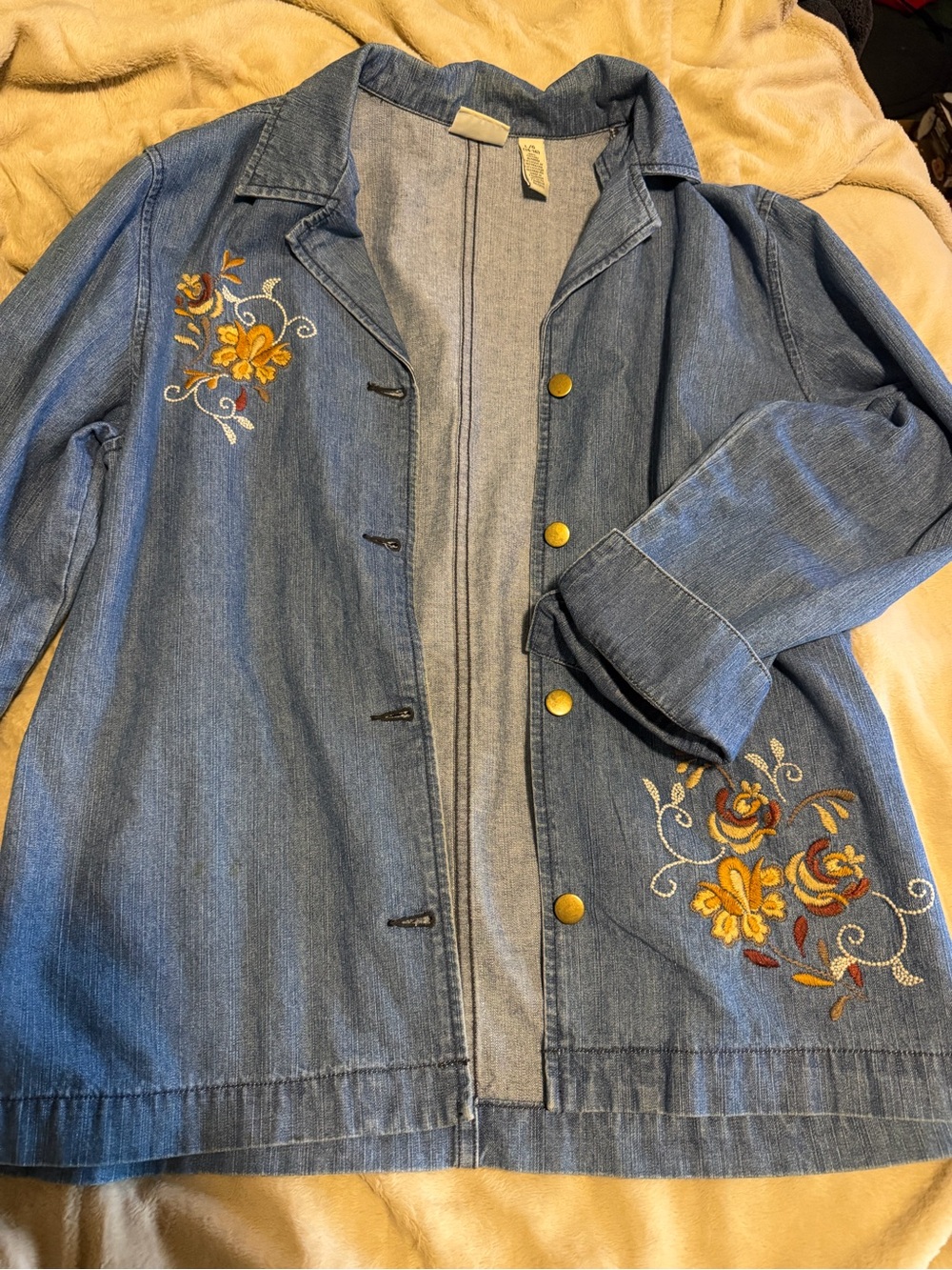 Classic Elements Blue Denim Jacket Floral Embroidery Vintage Cotton size Large